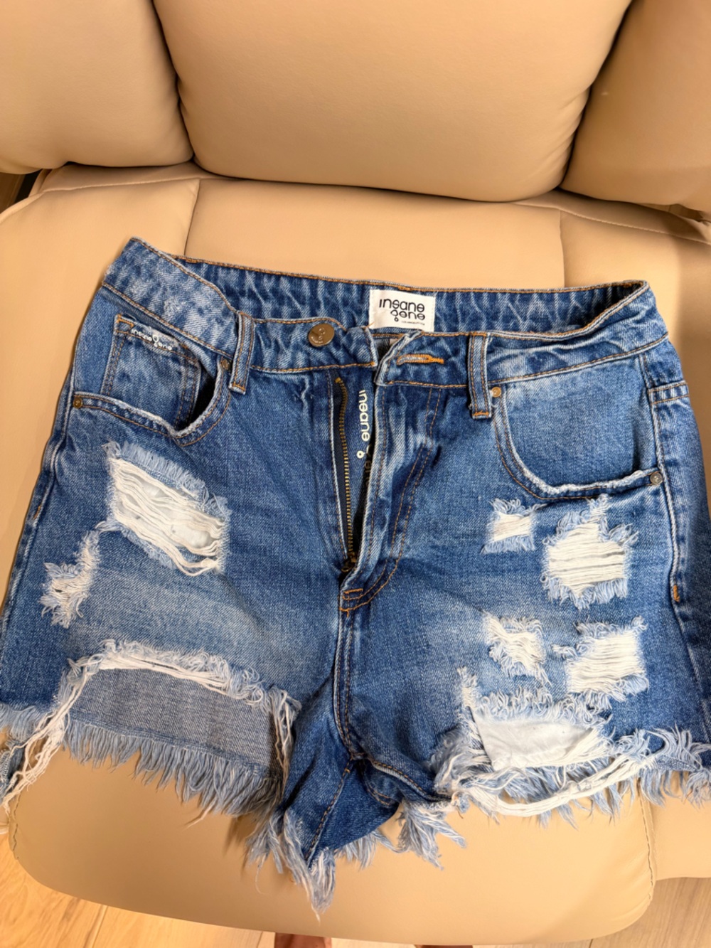 Insane Gene Distressed Denim Shorts Women Small High Rise Raw Hem Festival - Picture 2 of 3
